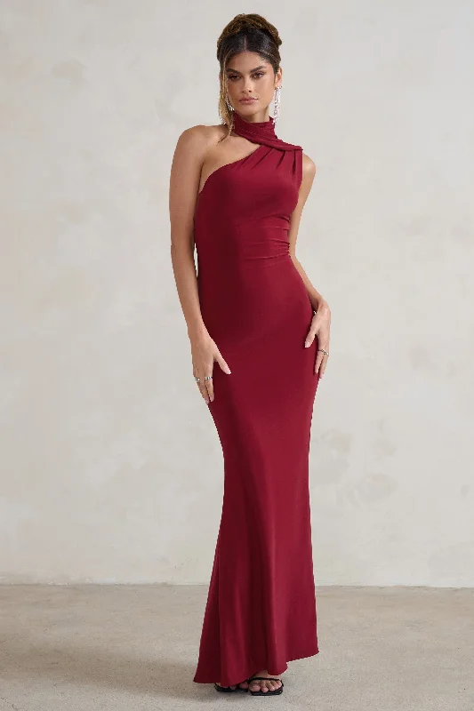 ladies-maxi-dress-ruched-rush-Capucine | Berry Red One Shoulder Draped Maxi Dress