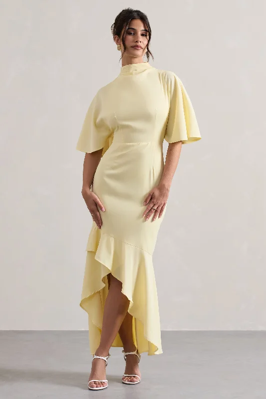 ladies-maxi-dress-social-silk-Lavinia | Pastel Yellow High-Neck Flutter-Sleeve Asymmetric Maxi Dress