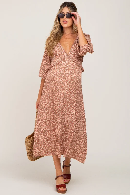 ladies-midi-dress-travel-trend-Rust Floral Ruffle V-Neck Maternity Midi Dress