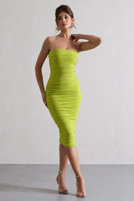 Women's bodycon dress form glow -My Girl | Green Strapless Bodycon Ruched Mesh Midi Dress