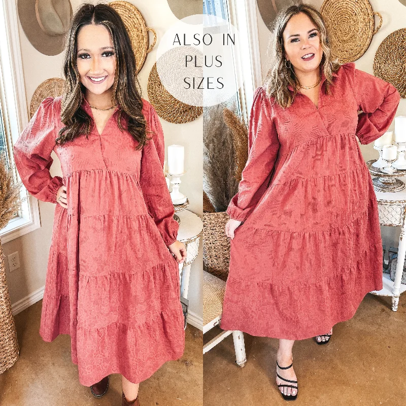 ladies-midi-dress-belted-bliss-Sweet Glances Long Sleeve Tiered Midi Dress in Dusty Coral