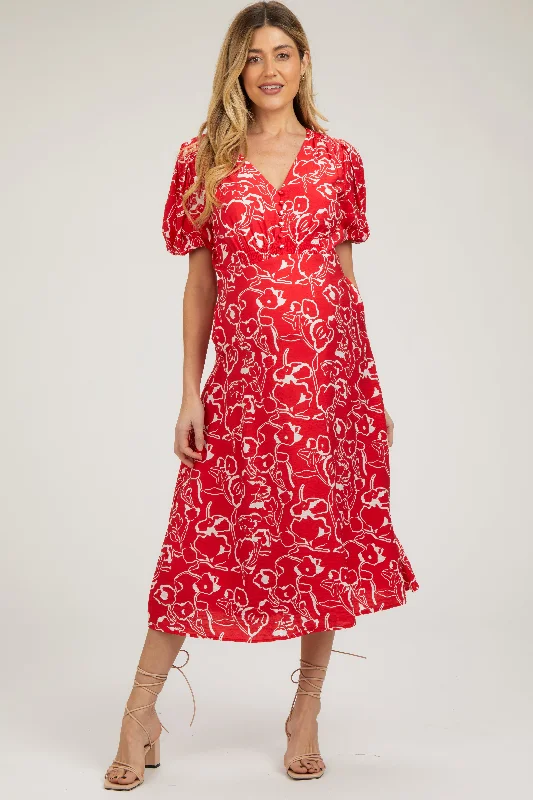 ladies-midi-dress-ecru-essence-Red Floral Button Front Short Sleeve Maternity Midi Dress