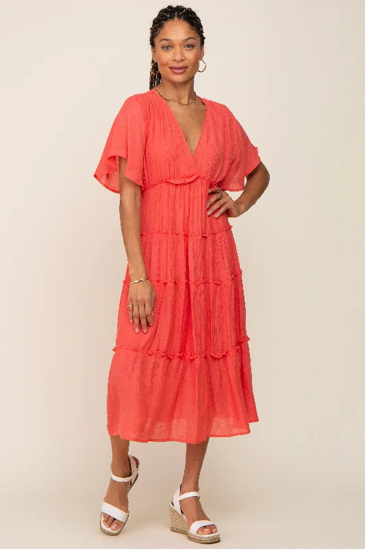 ladies-midi-dress-polka-prance-Coral Ruffle Tiered V-Neck Midi Dress