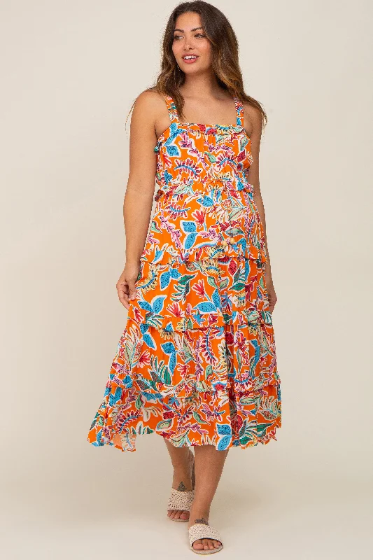 ladies-midi-dress-custom-chic-Orange Multi-Color Floral Sleeveless Tiered Maternity Midi Dress