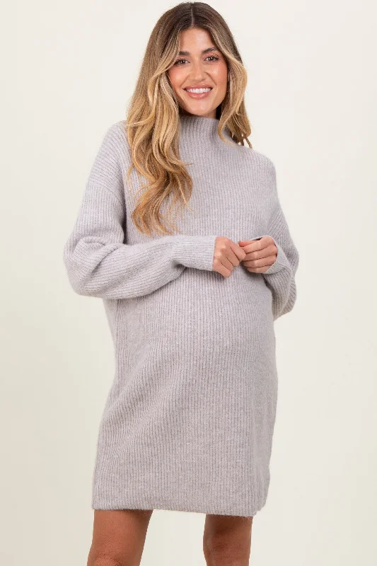 Women's mini dress fit flair -Heather Grey Mock Neck Maternity Mini Sweater Dress