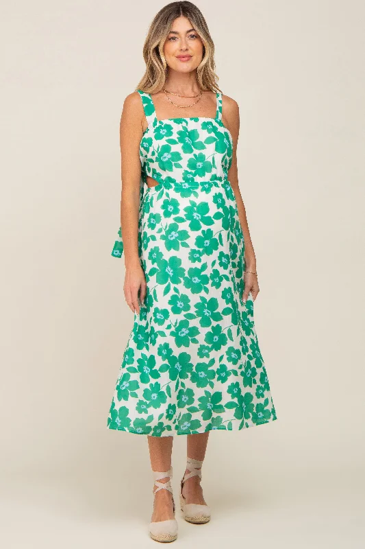 ladies-midi-dress-statement-sweep-Green Floral Linen Square Neck Open Back Maternity Midi Dress