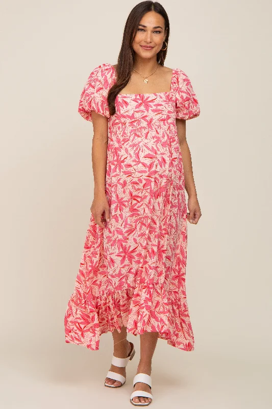 ladies-midi-dress-keyhole-kiss-Fuchsia Floral Puff Sleeve Maternity Midi Dress