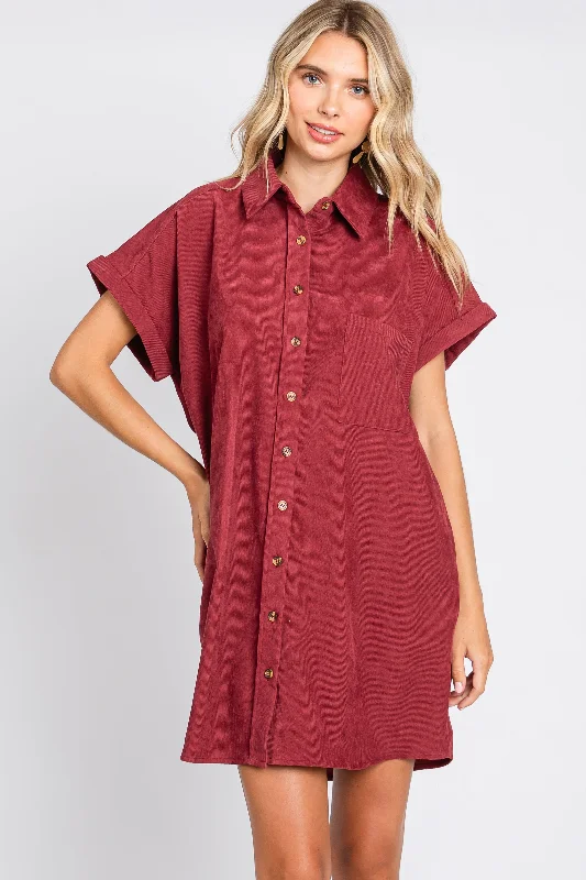 Women's mini dress dawn glow -Burgundy Ribbed Button Down Mini Dress