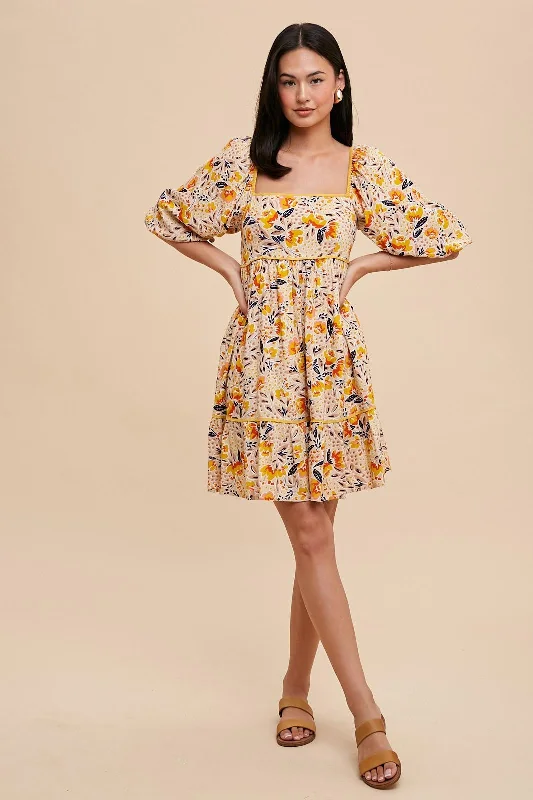 ladies-floral-dress-embroidered-ember-Cream Floral Print Puff Sleeve Dress