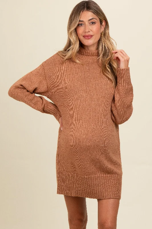 Women's mini dress wink glow -Camel Turtle Neck Maternity Mini Sweater Dress