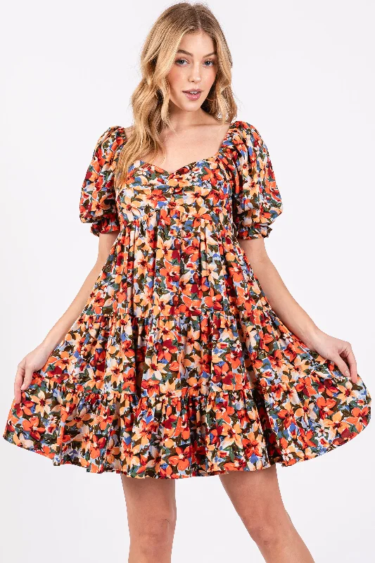 ladies-floral-dress-daily-daisy-Orange Multi-Color Floral Puff Sleeve Ruffle Hem Dress