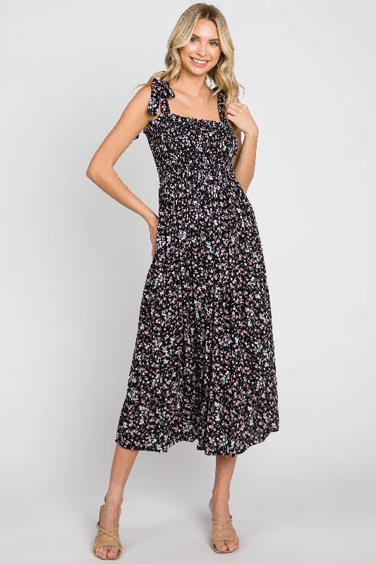 ladies-floral-dress-blush-breeze-Black Micro Floral Smocked Dress