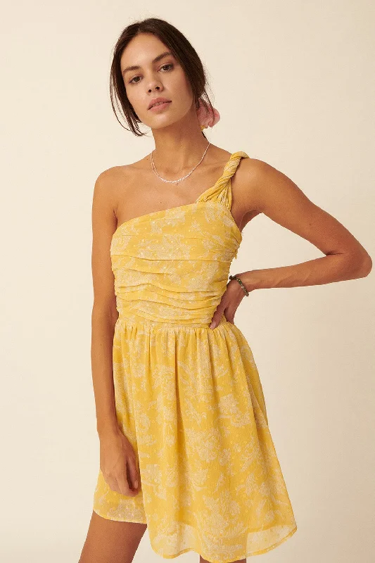 Women's mini dress ray flair -Yellow Floral Swiss Dot Chiffon One Shoulder Mini Dress