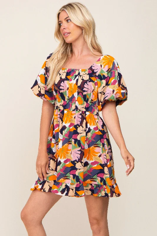 ladies-floral-dress-smocked-sunset-Multicolor Floral Pint Puff Sleeve Dress