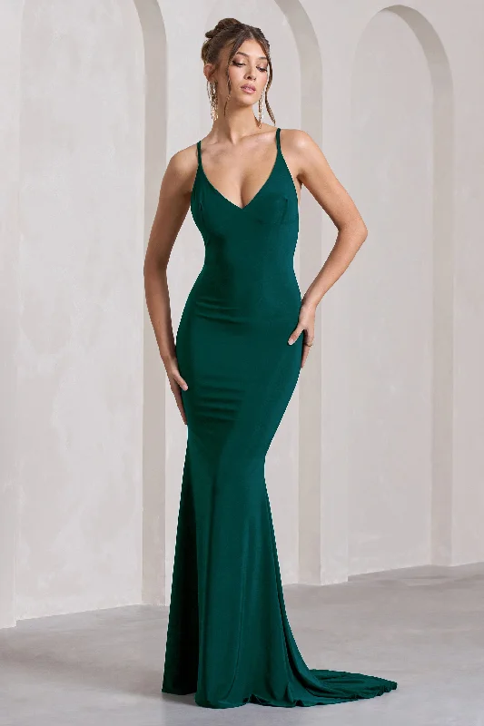 ladies-maxi-dress-retro-radiance-Lucky Number | Bottle Green Cross Back Fishtail Maxi Dress