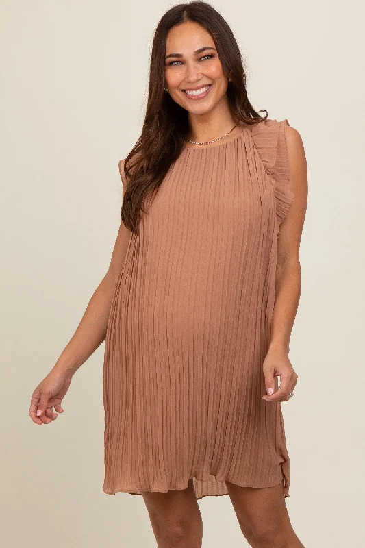 Women's mini dress crew pop -Mocha Flutter Sleeve Pleated Chiffon Mini Maternity Dress