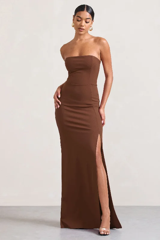 ladies-maxi-dress-handmade-hush-Belle of The Ball | Brown Bandeau Maxi Dress With Split Hem