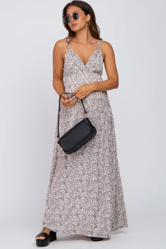 ladies-maxi-dress-v-neck-velvet-Grey Printed Sleeveless Maternity Maxi Dress