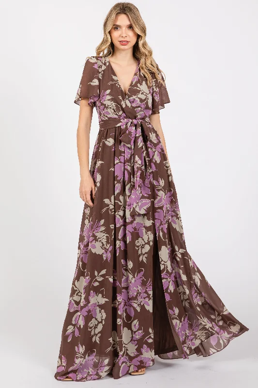 ladies-floral-dress-peony-poise-Brown Floral V-Neck Side Slit Dress