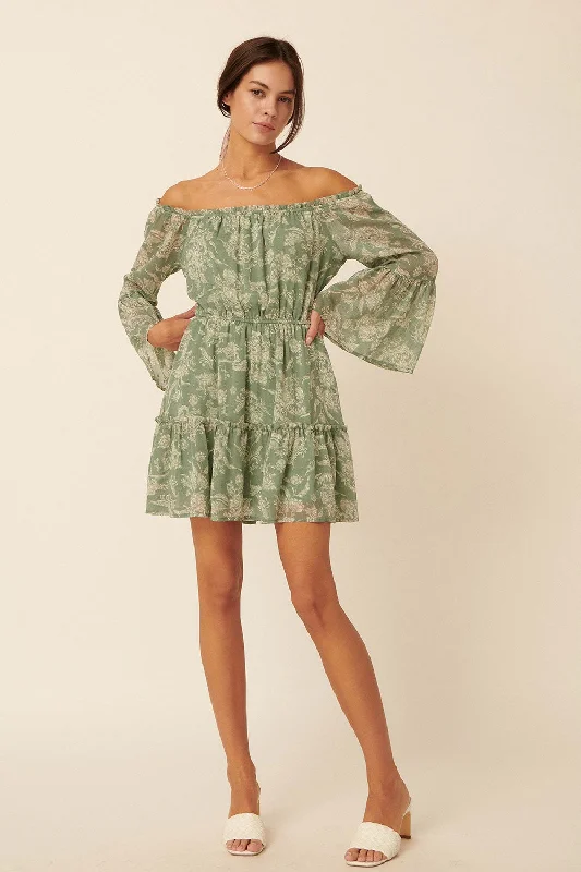 Women's mini dress reef flair -Green Floral Swiss Dot Chiffon Tier Mini Peasant Dress