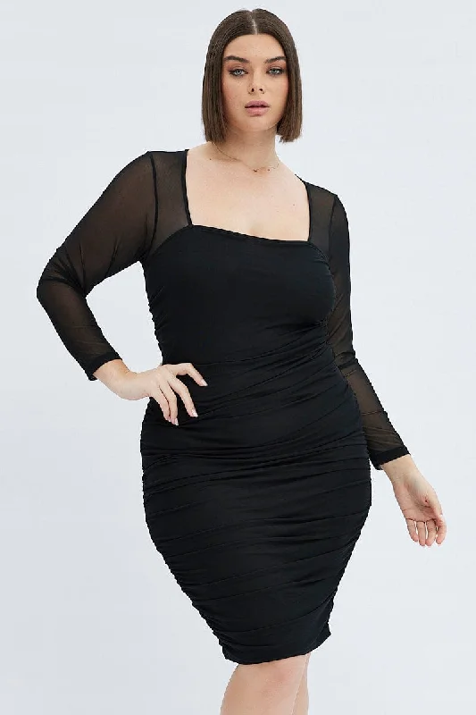 Women's bodycon dress dawn flair -Black Bodycon Dress Long Sleeve Ruched Mesh