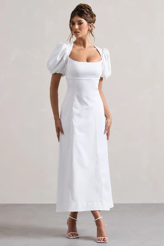 ladies-maxi-dress-backless-bliss-Hacienda | White Poplin Puff-Sleeve Maxi Dress