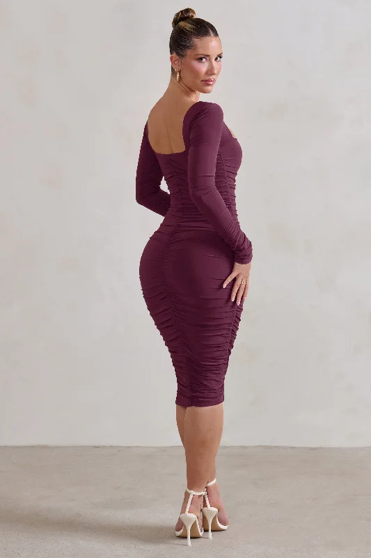 Women's bodycon dress dim flair -Seductress | Burgundy Square Neck Bodycon Midi Dress With Long Sleeves