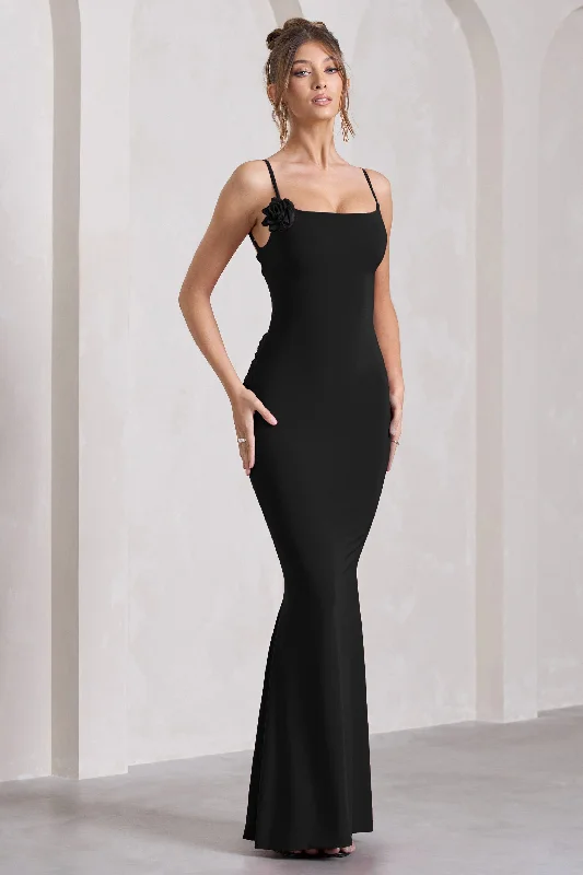 ladies-maxi-dress-shimmer-sunset-Alora | Black Strappy Lace-Up Maxi Dress With Flower Corsage