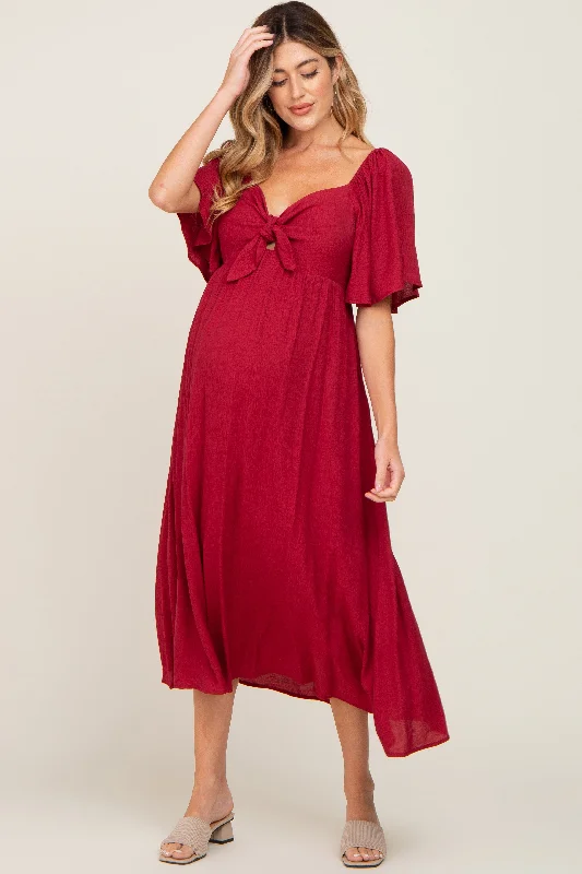 ladies-midi-dress-orchid-opulence-Burgundy Front Tie Ruffle Sleeve Maternity Midi Dress