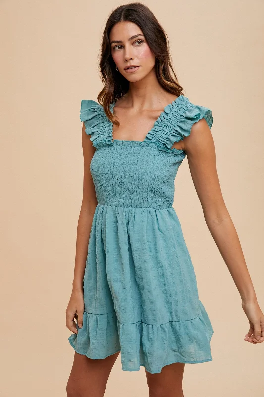 Women's mini dress feast pop -Dark Mint Textured Frill Detail Smocked Bodice Mini Dress