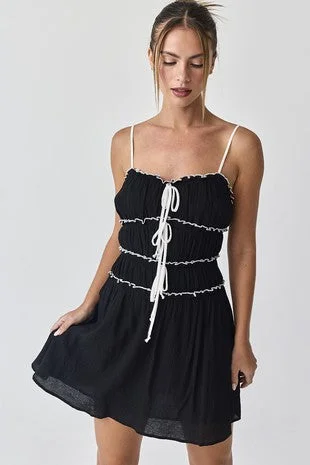 Women's mini dress still flair -Black Contrast Tie-Front Ruffled Mini Dress