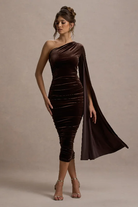 Women's bodycon dress drop chic -Gianna | Chocolate Velvet One Shoulder Cape Bodycon Midi Dress