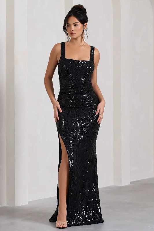 Women's bodycon dress fit chic -Yvonne | Black Sequin Open-Back Bodycon Maxi Dress