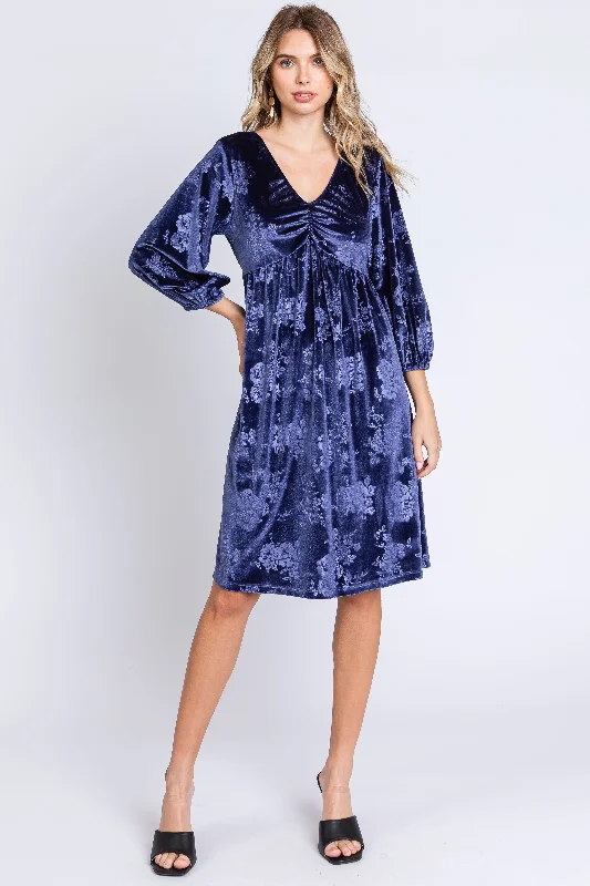 ladies-floral-dress-breathable-bud-Navy Velvet Floral Ruched Neck Dress