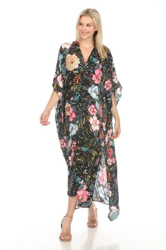 ladies-floral-dress-relaxed-rose-Johnny Was Floral Peace Swim Cover Up Long Kaftan Dress Boho Chic CSW7322BN