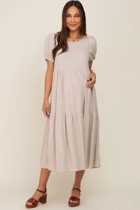 ladies-midi-dress-edgy-elegance-Beige Linen Short Sleeve Tiered Back Tie Maternity Midi Dress