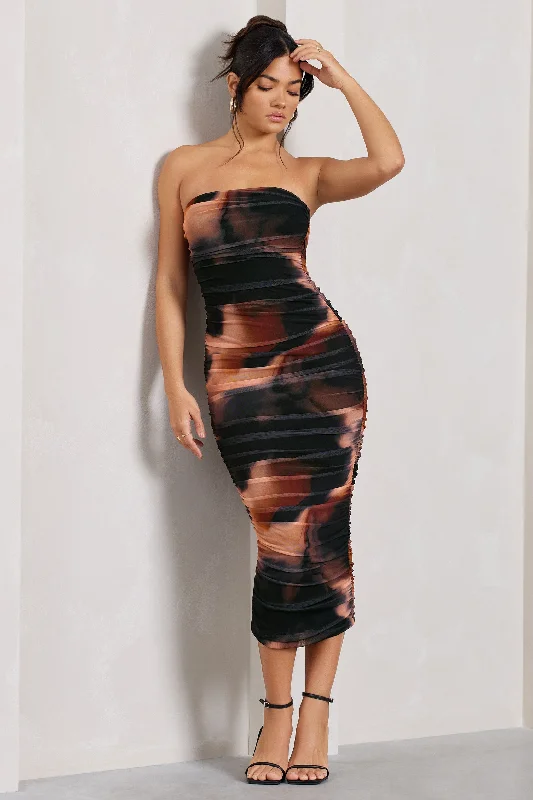 Women's bodycon dress open pop -My Girl | Orange Smoke Print Strapless Bodycon Ruched Mesh Midi Dress