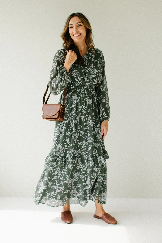 ladies-maxi-dress-belted-bloom-'Letitia' Floral Ruffle Detail Maxi Dress in Deep Olive