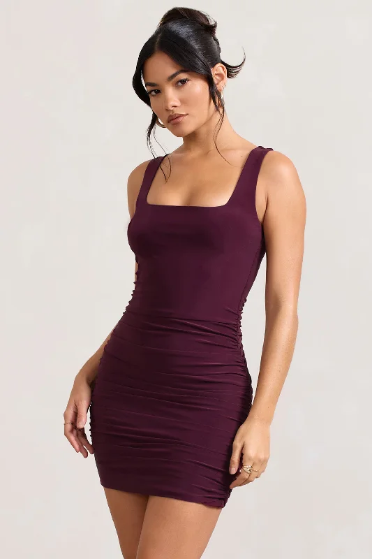 Women's bodycon dress snug glow -Porto | Burgundy Square-Neck Strappy Bodycon Mini Dress