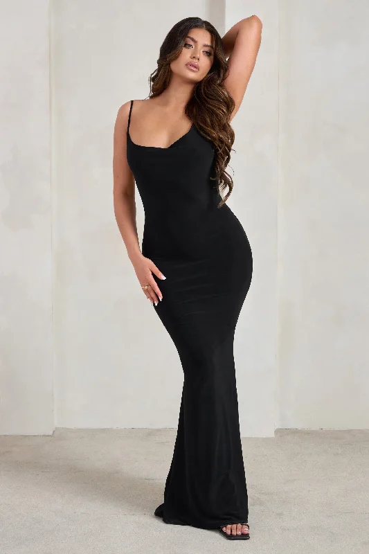 ladies-maxi-dress-dainty-dusk-Corinne | Black Asymmetric Cowl Neck Backless Maxi Dress