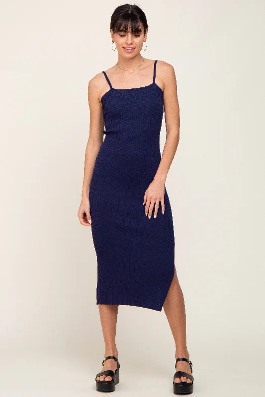 ladies-midi-dress-dance-drape-Navy Ribbed Knit Side Slit Midi Dress