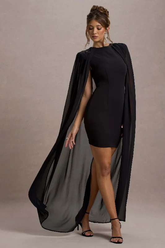 Women's bodycon dress slit chic -Elysium | Black Bodycon Mini Dress With Chiffon Cape