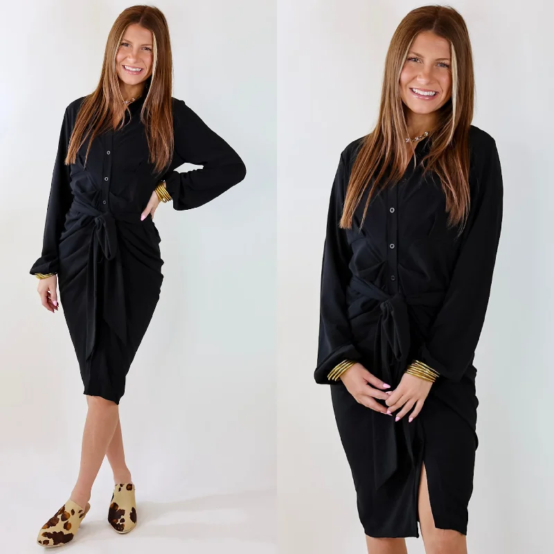 ladies-midi-dress-petite-poise-Heart On The Line Button Up Ruched Front Midi Dress with Waist Tie in Black