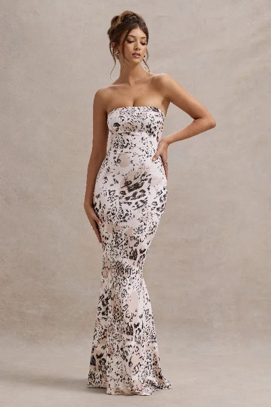 ladies-maxi-dress-velvet-vision-Ceremony | Leopard Print Bandeau Fishtail Maxi Dress