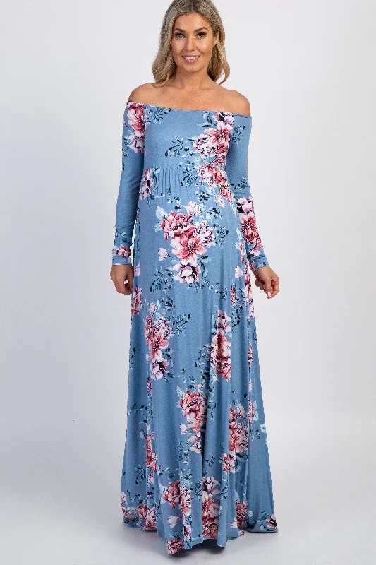 ladies-maxi-dress-solid-sophistication-PinkBlush Light Blue Floral Off Shoulder Maternity Maxi Dress