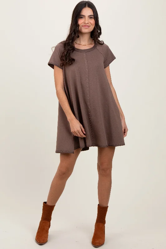 Women's mini dress web glow -Brown French Terry Basic Short Sleeve Mini Dress