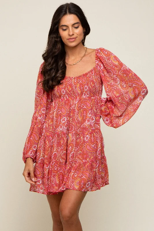 Women's mini dress citrus flair -Red Paisley Tiered Long Sleeve Mini Dress