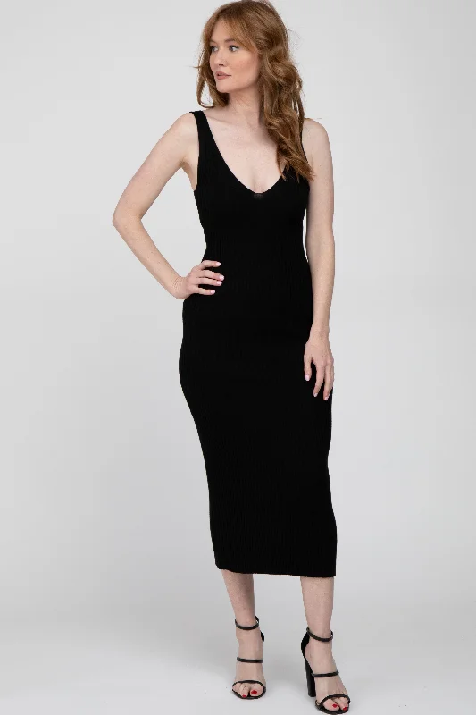 ladies-midi-dress-sapphire-sweep-Black Ribbed Sleeveless Knit Midi Dress