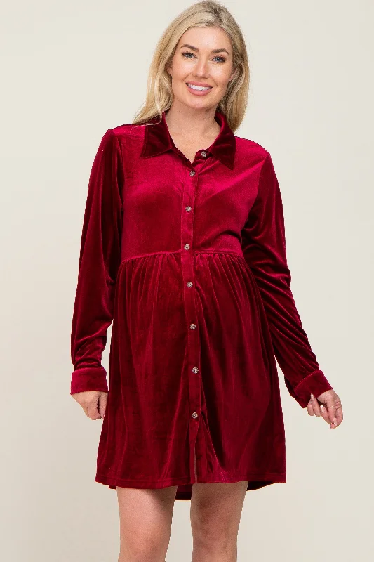 Women's mini dress hush pop -Burgundy Velvet Button Down Maternity Mini Dress