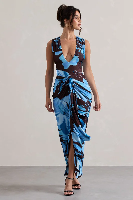 ladies-maxi-dress-turquoise-twirl-Santana | Floral Print Plunge-Neck Split Maxi Dress With Knot Detail